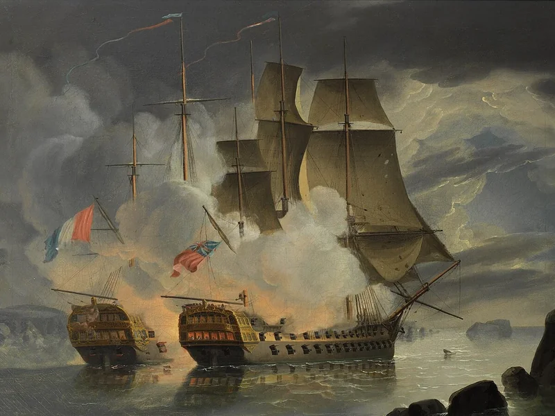 1778-John Christian Schetky - La furiosa battaglia tra la HMS Mars e la nave francese Hercule da 74 cannoni al largo di Brest il 21 aprile 1798